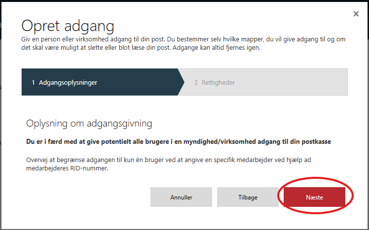 Klik Næste for at acceptere, at der oprettes adgang til Dansk Regnskab ApS.